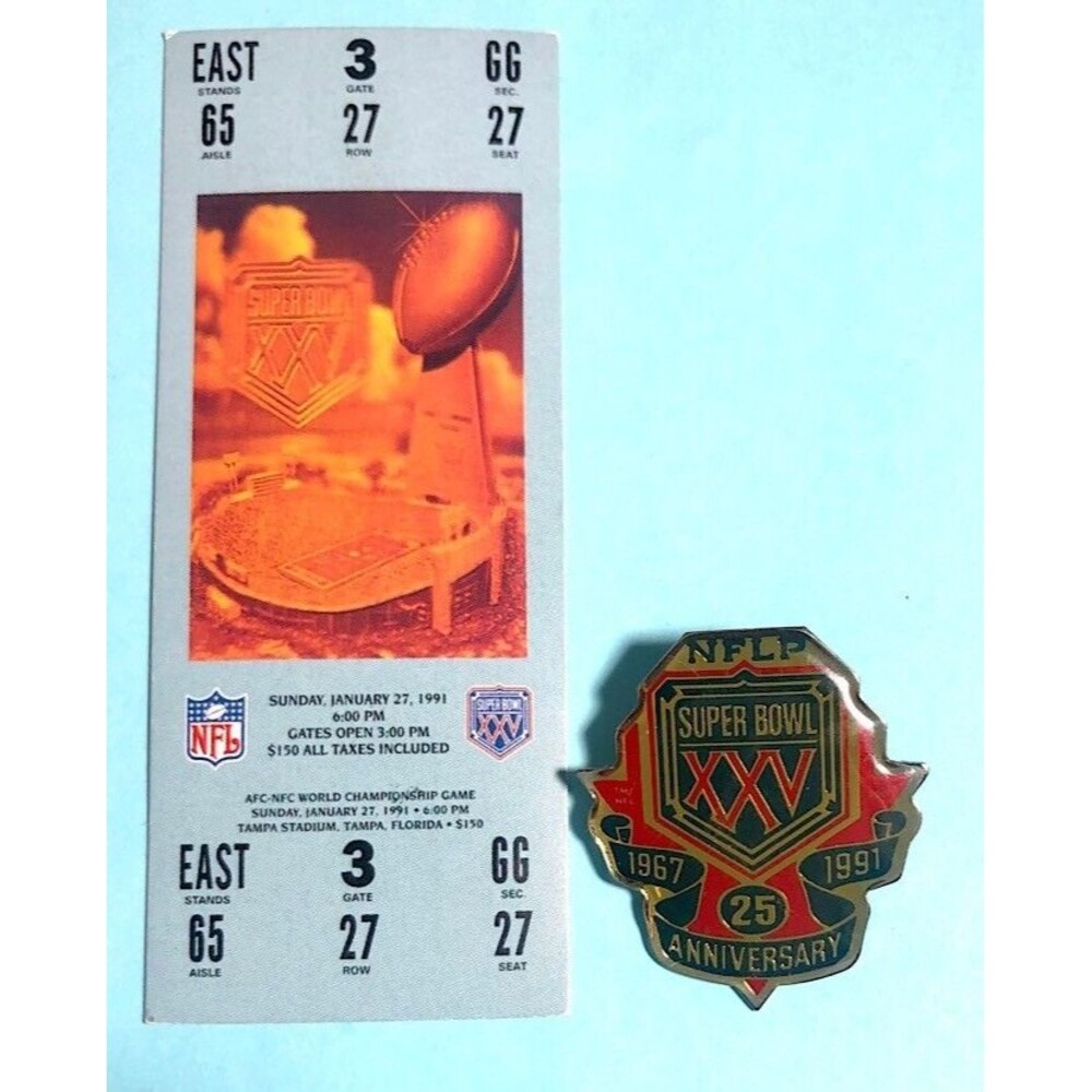 Super Bowl XXV -NY Giants- Buffalo Bills, ‘91 NFL 25th Pin & Mini Sticker Ticket